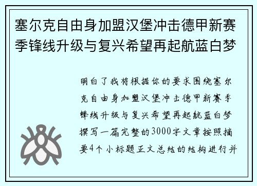 塞尔克自由身加盟汉堡冲击德甲新赛季锋线升级与复兴希望再起航蓝白梦 塞尔克自由身加盟汉堡冲击德甲新赛季锋线升级与复兴希望再起航蓝白梦