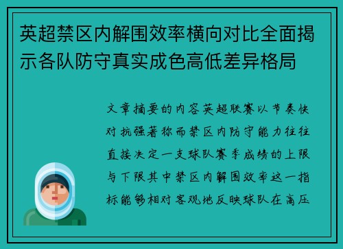 英超禁区内解围效率横向对比全面揭示各队防守真实成色高低差异格局 英超禁区内解围效率横向对比全面揭示各队防守真实成色高低差异格局